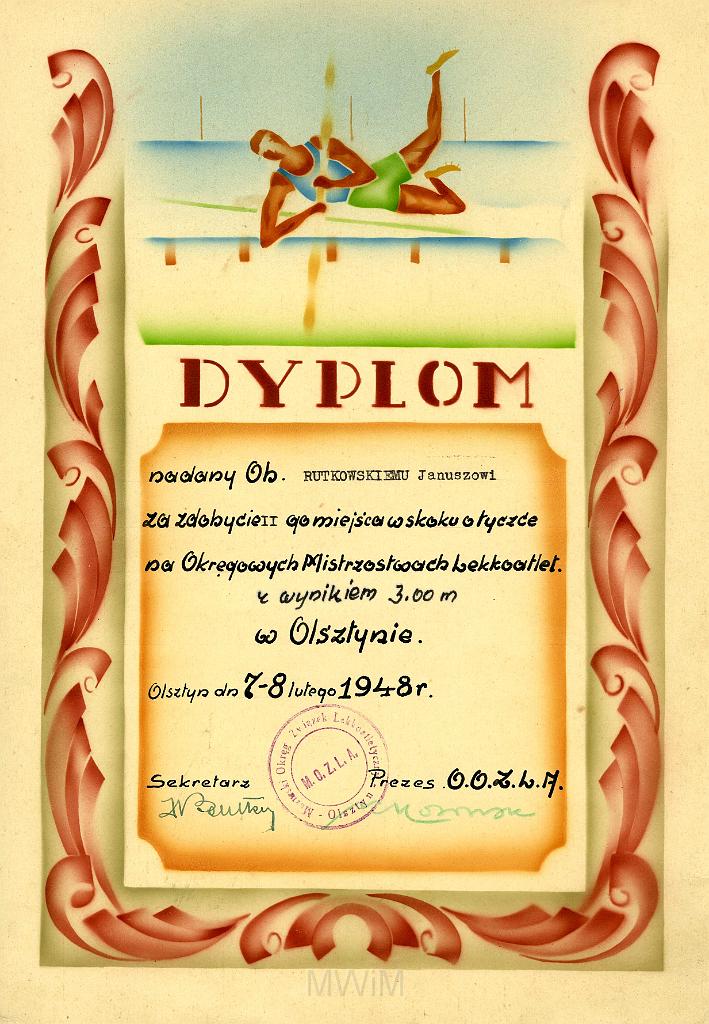 KKE 3237.jpg - Dyplom, Jana Rutkowskiego za II m. skok w dal, Olsztyn, 1948 r.
